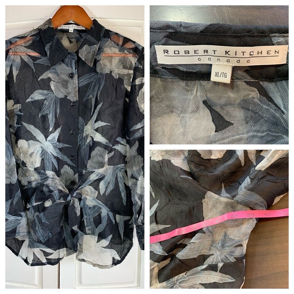Robert Kitchen Sheer Blouse Women XL Floral Mature Coastal Grandma Office Canada